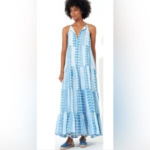 Oliphant Long Tiered Tassel Dress Blue White size XL